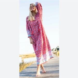 Natural Life Maxi Dress Large Floral Boho Peasant Oversized Tassel Kaftan Flowy